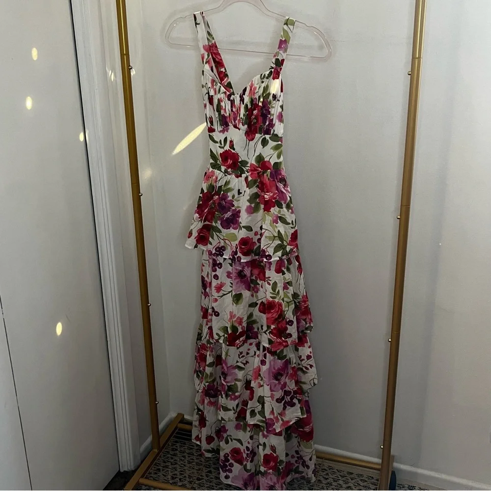 New Abercrombie & Fitch Lace-Up Back Tiered Maxi Dress in Pink Floral Small